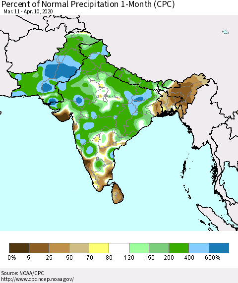 Southern Asia Percent of Normal Precipitation 1-Month (CPC) Thematic Map For 3/11/2020 - 4/10/2020