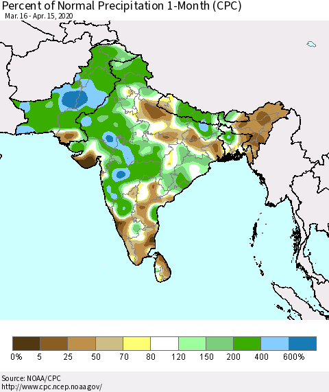 Southern Asia Percent of Normal Precipitation 1-Month (CPC) Thematic Map For 3/16/2020 - 4/15/2020