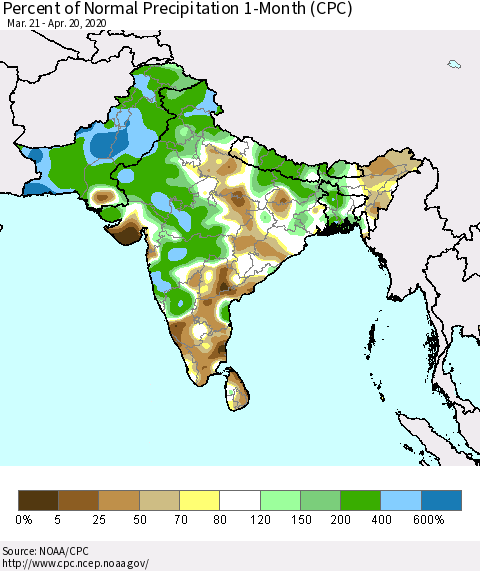 Southern Asia Percent of Normal Precipitation 1-Month (CPC) Thematic Map For 3/21/2020 - 4/20/2020