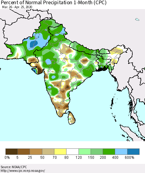 Southern Asia Percent of Normal Precipitation 1-Month (CPC) Thematic Map For 3/26/2020 - 4/25/2020