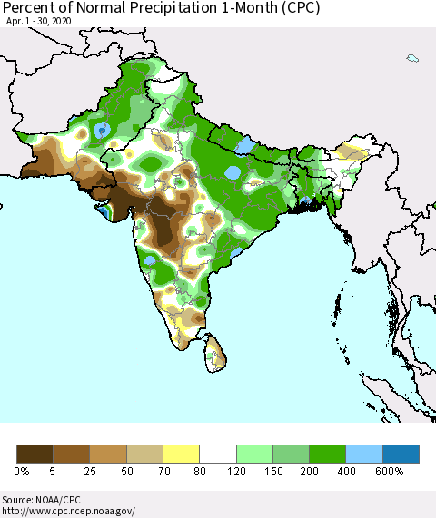 Southern Asia Percent of Normal Precipitation 1-Month (CPC) Thematic Map For 4/1/2020 - 4/30/2020