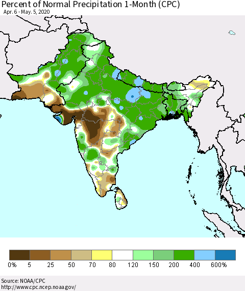 Southern Asia Percent of Normal Precipitation 1-Month (CPC) Thematic Map For 4/6/2020 - 5/5/2020