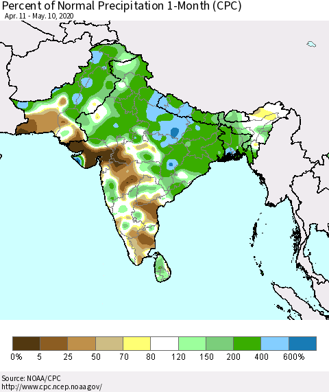 Southern Asia Percent of Normal Precipitation 1-Month (CPC) Thematic Map For 4/11/2020 - 5/10/2020