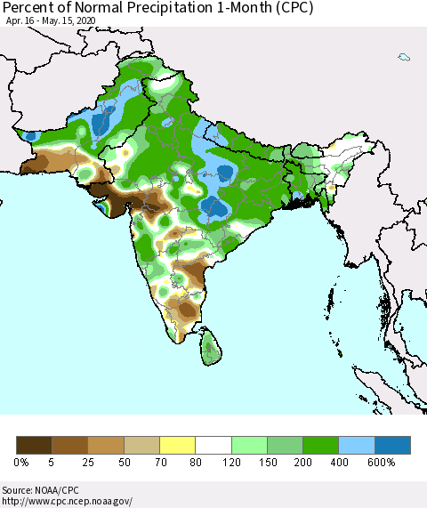 Southern Asia Percent of Normal Precipitation 1-Month (CPC) Thematic Map For 4/16/2020 - 5/15/2020