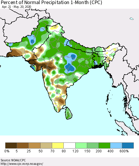 Southern Asia Percent of Normal Precipitation 1-Month (CPC) Thematic Map For 4/21/2020 - 5/20/2020