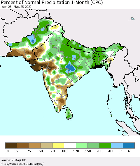 Southern Asia Percent of Normal Precipitation 1-Month (CPC) Thematic Map For 4/26/2020 - 5/25/2020