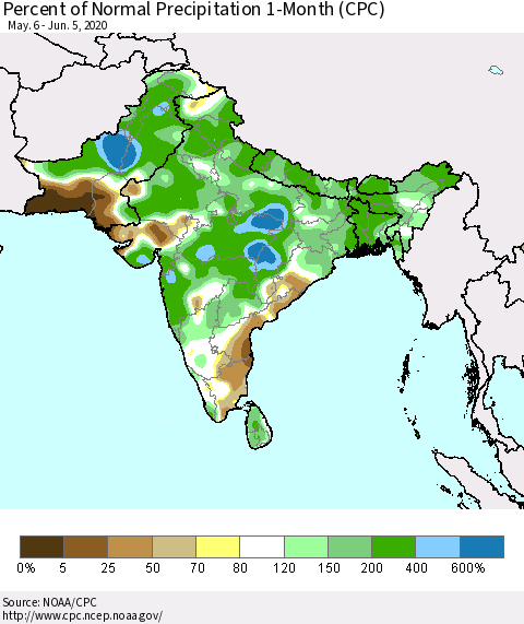 Southern Asia Percent of Normal Precipitation 1-Month (CPC) Thematic Map For 5/6/2020 - 6/5/2020
