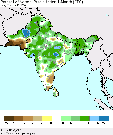 Southern Asia Percent of Normal Precipitation 1-Month (CPC) Thematic Map For 5/11/2020 - 6/10/2020