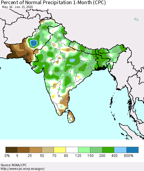 Southern Asia Percent of Normal Precipitation 1-Month (CPC) Thematic Map For 5/16/2020 - 6/15/2020