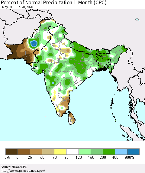 Southern Asia Percent of Normal Precipitation 1-Month (CPC) Thematic Map For 5/21/2020 - 6/20/2020