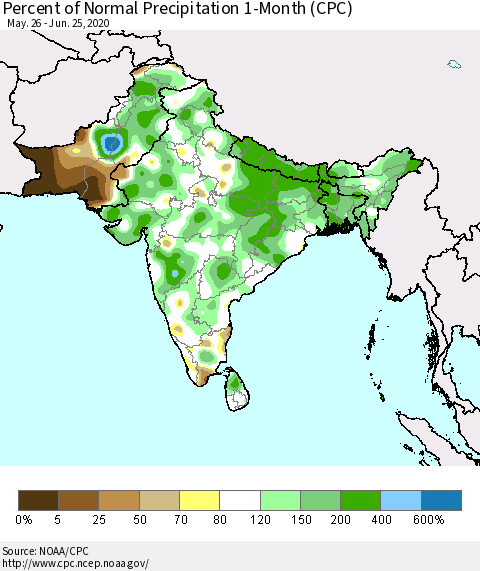 Southern Asia Percent of Normal Precipitation 1-Month (CPC) Thematic Map For 5/26/2020 - 6/25/2020