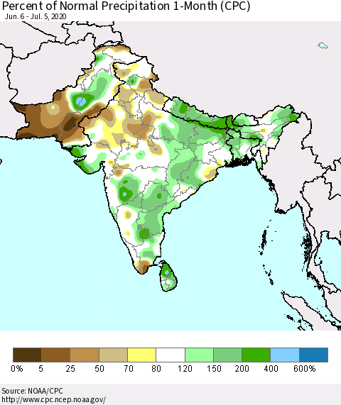 Southern Asia Percent of Normal Precipitation 1-Month (CPC) Thematic Map For 6/6/2020 - 7/5/2020