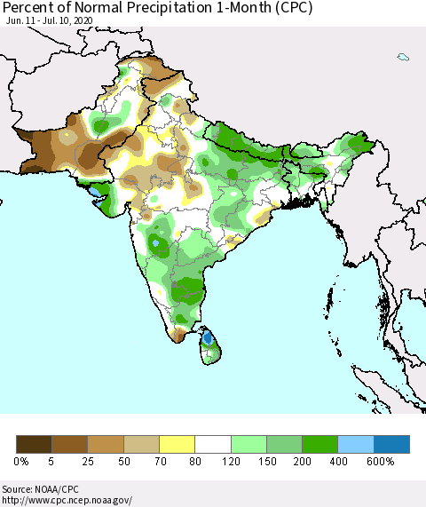 Southern Asia Percent of Normal Precipitation 1-Month (CPC) Thematic Map For 6/11/2020 - 7/10/2020