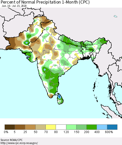 Southern Asia Percent of Normal Precipitation 1-Month (CPC) Thematic Map For 6/16/2020 - 7/15/2020