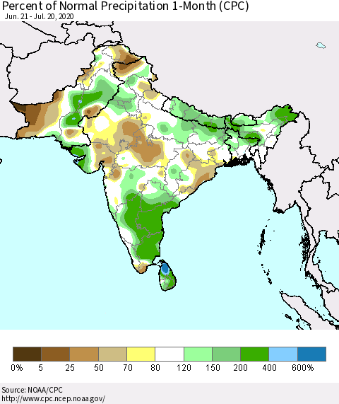 Southern Asia Percent of Normal Precipitation 1-Month (CPC) Thematic Map For 6/21/2020 - 7/20/2020
