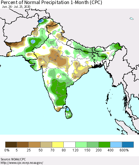 Southern Asia Percent of Normal Precipitation 1-Month (CPC) Thematic Map For 6/26/2020 - 7/25/2020