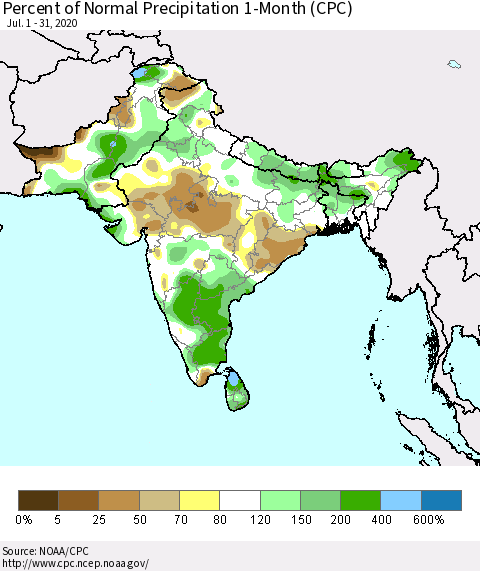 Southern Asia Percent of Normal Precipitation 1-Month (CPC) Thematic Map For 7/1/2020 - 7/31/2020