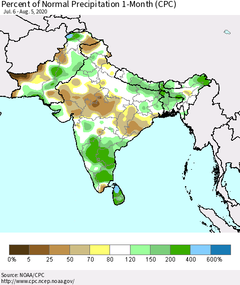 Southern Asia Percent of Normal Precipitation 1-Month (CPC) Thematic Map For 7/6/2020 - 8/5/2020