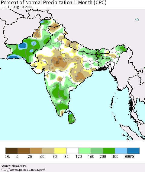 Southern Asia Percent of Normal Precipitation 1-Month (CPC) Thematic Map For 7/11/2020 - 8/10/2020