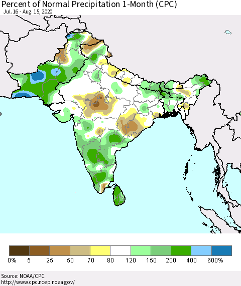 Southern Asia Percent of Normal Precipitation 1-Month (CPC) Thematic Map For 7/16/2020 - 8/15/2020