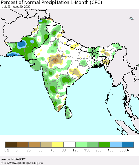 Southern Asia Percent of Normal Precipitation 1-Month (CPC) Thematic Map For 7/21/2020 - 8/20/2020