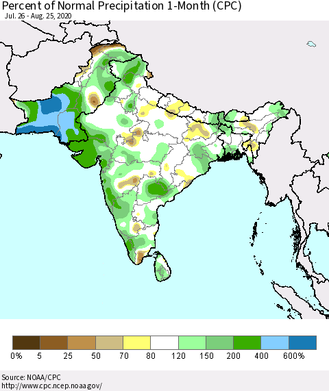 Southern Asia Percent of Normal Precipitation 1-Month (CPC) Thematic Map For 7/26/2020 - 8/25/2020