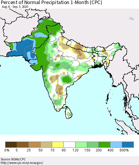 Southern Asia Percent of Normal Precipitation 1-Month (CPC) Thematic Map For 8/6/2020 - 9/5/2020