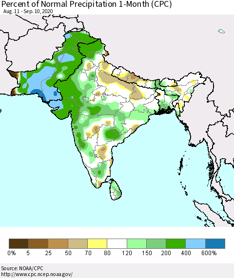 Southern Asia Percent of Normal Precipitation 1-Month (CPC) Thematic Map For 8/11/2020 - 9/10/2020