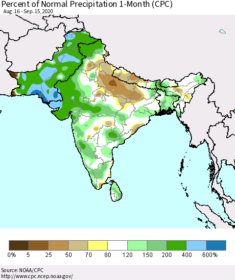Southern Asia Percent of Normal Precipitation 1-Month (CPC) Thematic Map For 8/16/2020 - 9/15/2020