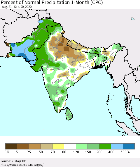 Southern Asia Percent of Normal Precipitation 1-Month (CPC) Thematic Map For 8/21/2020 - 9/20/2020