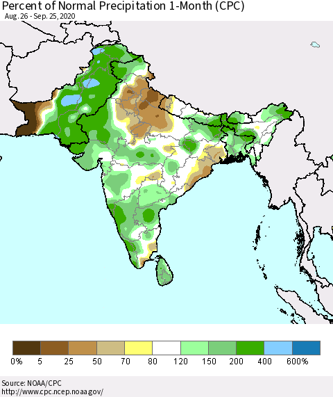 Southern Asia Percent of Normal Precipitation 1-Month (CPC) Thematic Map For 8/26/2020 - 9/25/2020