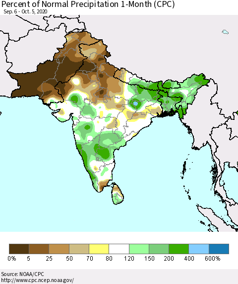 Southern Asia Percent of Normal Precipitation 1-Month (CPC) Thematic Map For 9/6/2020 - 10/5/2020