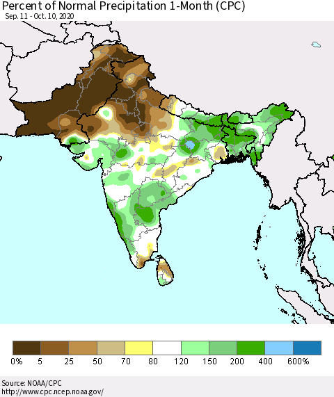 Southern Asia Percent of Normal Precipitation 1-Month (CPC) Thematic Map For 9/11/2020 - 10/10/2020
