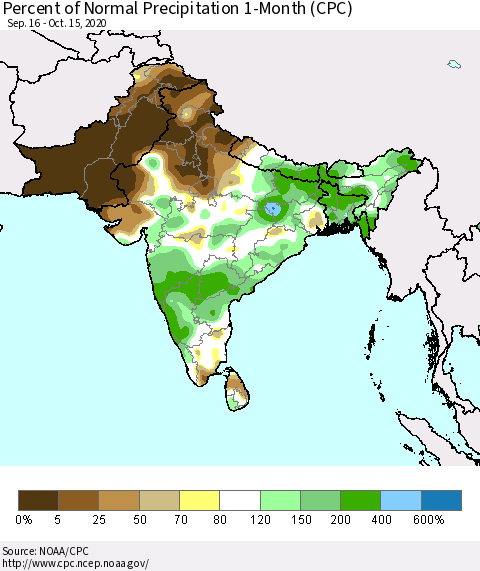 Southern Asia Percent of Normal Precipitation 1-Month (CPC) Thematic Map For 9/16/2020 - 10/15/2020