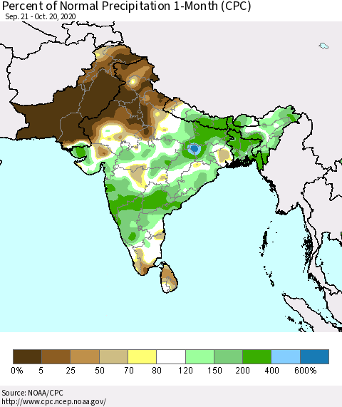 Southern Asia Percent of Normal Precipitation 1-Month (CPC) Thematic Map For 9/21/2020 - 10/20/2020
