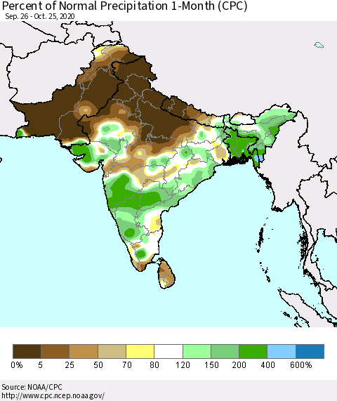 Southern Asia Percent of Normal Precipitation 1-Month (CPC) Thematic Map For 9/26/2020 - 10/25/2020
