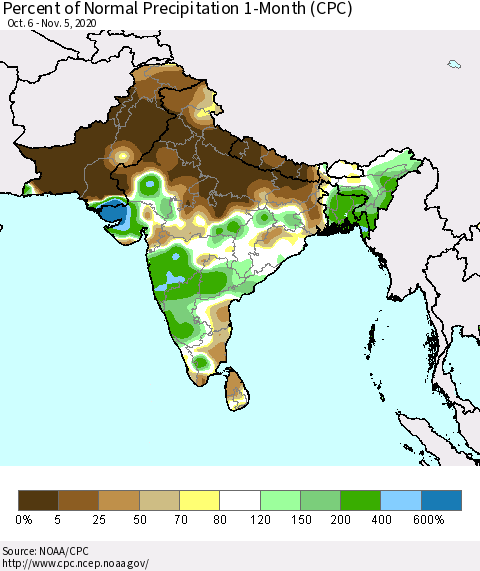 Southern Asia Percent of Normal Precipitation 1-Month (CPC) Thematic Map For 10/6/2020 - 11/5/2020