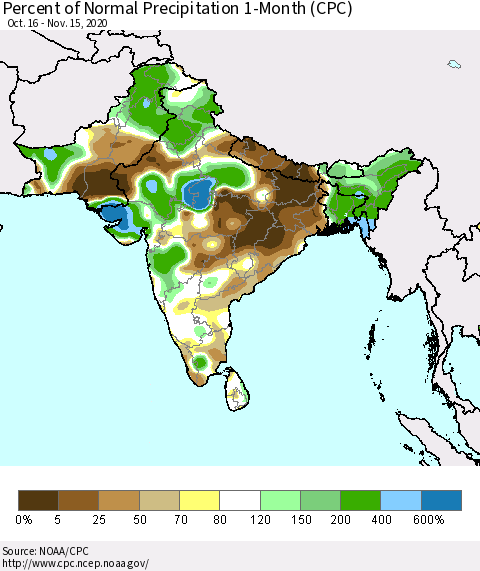 Southern Asia Percent of Normal Precipitation 1-Month (CPC) Thematic Map For 10/16/2020 - 11/15/2020