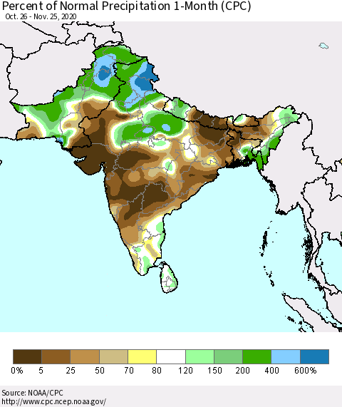 Southern Asia Percent of Normal Precipitation 1-Month (CPC) Thematic Map For 10/26/2020 - 11/25/2020