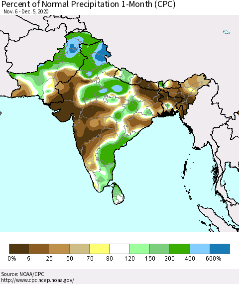 Southern Asia Percent of Normal Precipitation 1-Month (CPC) Thematic Map For 11/6/2020 - 12/5/2020