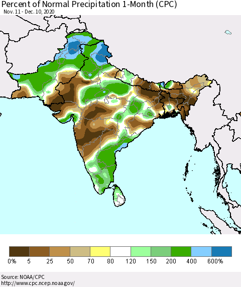 Southern Asia Percent of Normal Precipitation 1-Month (CPC) Thematic Map For 11/11/2020 - 12/10/2020