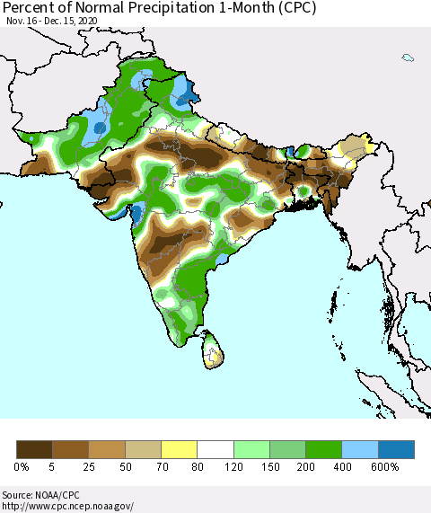 Southern Asia Percent of Normal Precipitation 1-Month (CPC) Thematic Map For 11/16/2020 - 12/15/2020