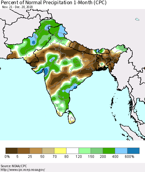 Southern Asia Percent of Normal Precipitation 1-Month (CPC) Thematic Map For 11/21/2020 - 12/20/2020