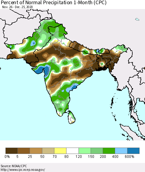 Southern Asia Percent of Normal Precipitation 1-Month (CPC) Thematic Map For 11/26/2020 - 12/25/2020