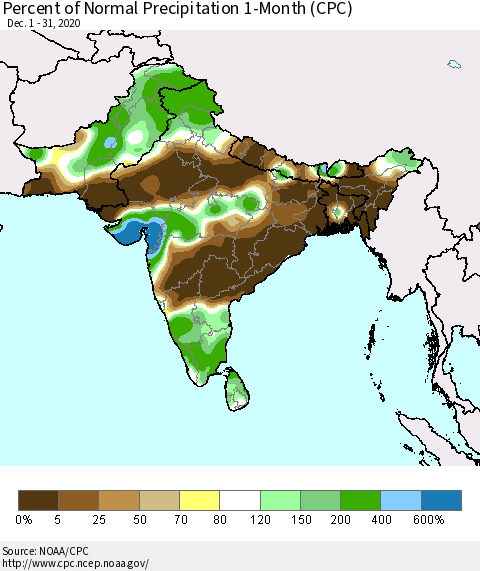 Southern Asia Percent of Normal Precipitation 1-Month (CPC) Thematic Map For 12/1/2020 - 12/31/2020