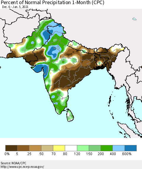 Southern Asia Percent of Normal Precipitation 1-Month (CPC) Thematic Map For 12/6/2020 - 1/5/2021