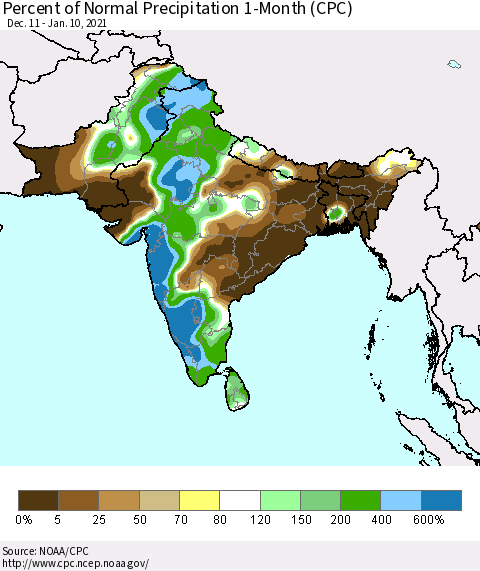 Southern Asia Percent of Normal Precipitation 1-Month (CPC) Thematic Map For 12/11/2020 - 1/10/2021
