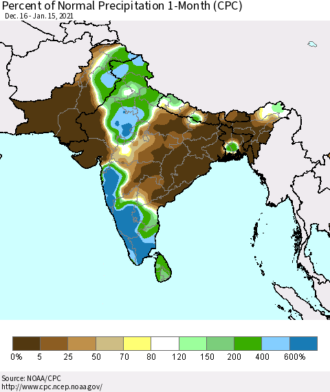 Southern Asia Percent of Normal Precipitation 1-Month (CPC) Thematic Map For 12/16/2020 - 1/15/2021