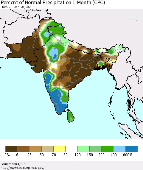 Southern Asia Percent of Normal Precipitation 1-Month (CPC) Thematic Map For 12/21/2020 - 1/20/2021