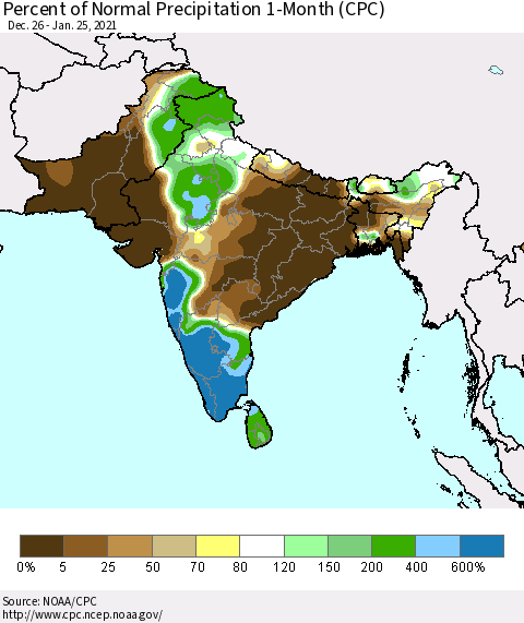 Southern Asia Percent of Normal Precipitation 1-Month (CPC) Thematic Map For 12/26/2020 - 1/25/2021